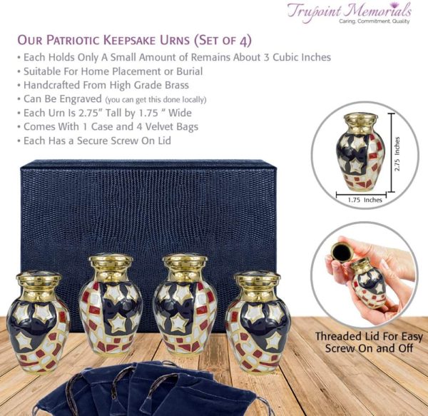 Patriotic Small Mini Keepsake Urns for Human Ashes – Set of 4 – for Veterans First Responders and Patriots That Loved America – Find Comfort and Pride with These Urns – w Velvet Case and 4 Pouches Cremation URNs 6