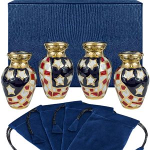 Patriotic Small Mini Keepsake Urns for Human Ashes – Set of 4 – for Veterans First Responders and Patriots That Loved America – Find Comfort and Pride with These Urns – w Velvet Case and 4 Pouches Cremation URNs