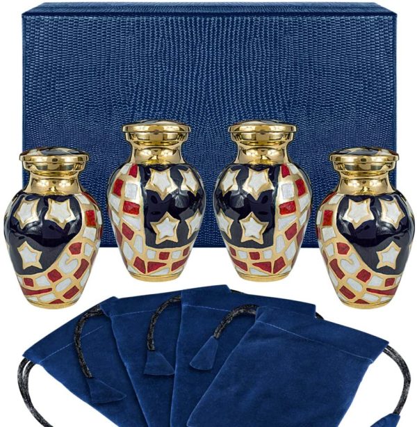 Patriotic Small Mini Keepsake Urns for Human Ashes – Set of 4 – for Veterans First Responders and Patriots That Loved America – Find Comfort and Pride with These Urns – w Velvet Case and 4 Pouches Cremation URNs 3