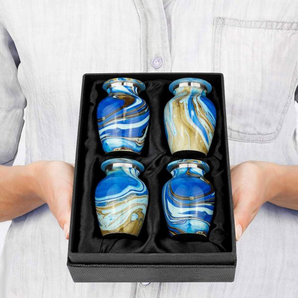 Ocean Tides Beautiful Small Keepsake Urn for Human Ashes – Set of 4 Urns – Find Comfort with These Keepsake Sharing Urns Beautiful Deep Blue and Brown Earth Tones – w Case Cremation URNs 7