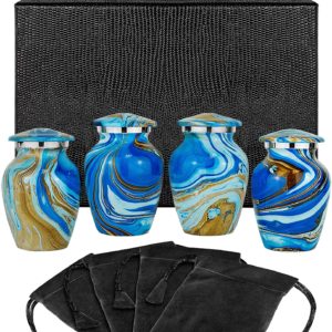 Ocean Tides Beautiful Small Keepsake Urn for Human Ashes – Set of 4 Urns – Find Comfort with These Keepsake Sharing Urns Beautiful Deep Blue and Brown Earth Tones – w Case Cremation URNs