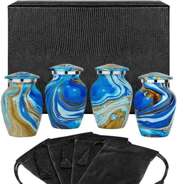 Ocean Tides Beautiful Small Keepsake Urn for Human Ashes – Set of 4 Urns – Find Comfort with These Keepsake Sharing Urns Beautiful Deep Blue and Brown Earth Tones – w Case Cremation URNs 3